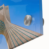 Mid-century modernist acrylic print of abstract Iranian scenery in earthy tones, ideal for dining room art.