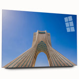 Large abstract wall art depicting a Middle Eastern scenery in muted earth tones on acrylic glass.