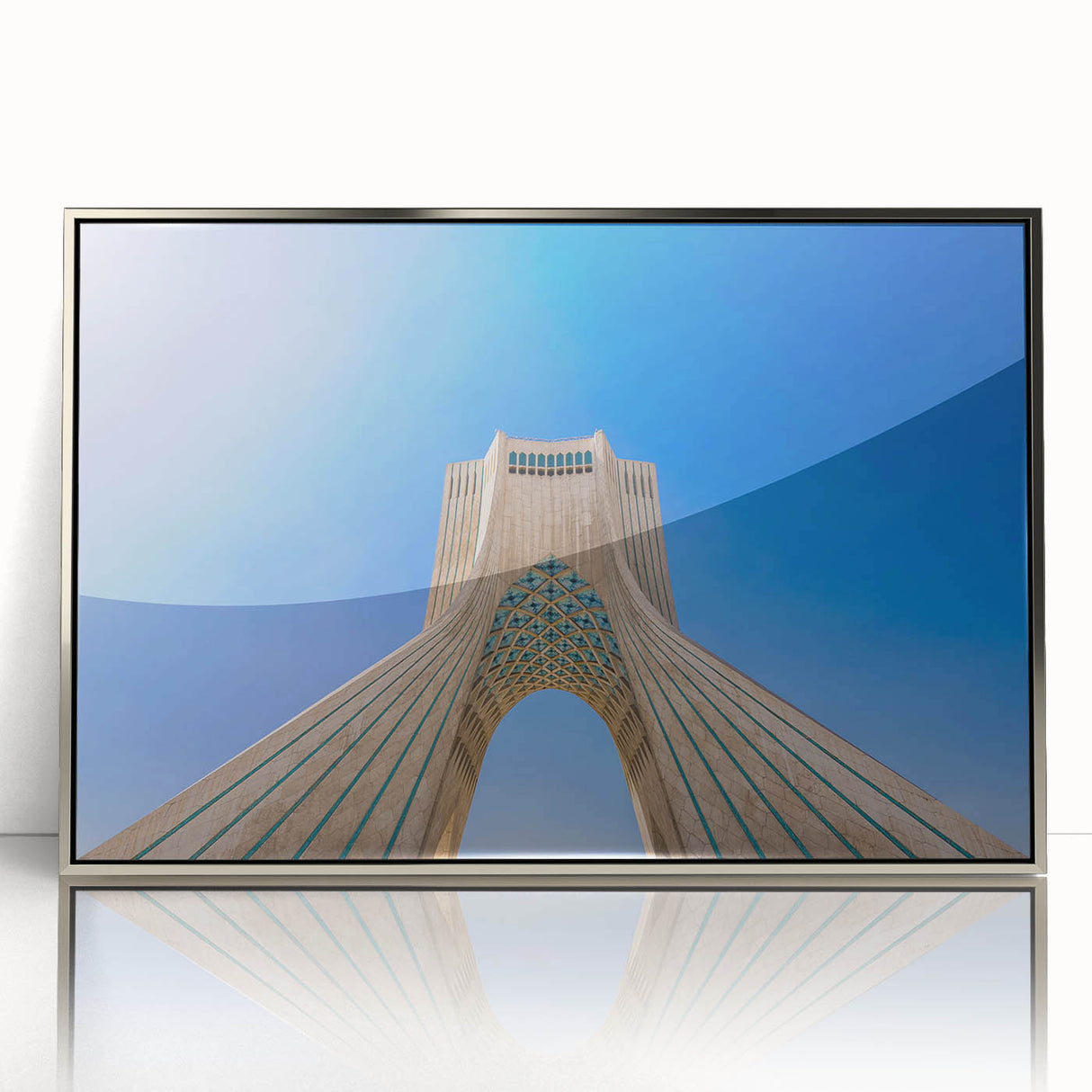 Mid-century modernist art depicting a serene Middle Eastern landscape in muted earth tones, silver-framed acrylic print.