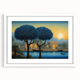 Abstract art print of a Middle Eastern scenery in muted earth tones on a white matted frame, suitable for dining room decor.
