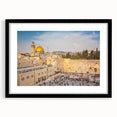 Abstract art print of Jerusalem in vibrant colors on a large framed canvas, ideal for living room decor.