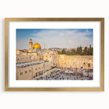 Extra large abstract art print of Jerusalem skyline in textured gold tones on a framed canvas, ideal for living room decor.