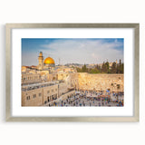 Textured abstract art print of Jerusalem skyline in muted earth tones on a silver-framed mat, ideal for bedroom art.