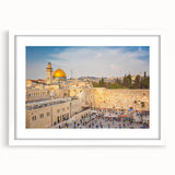 Abstract art print of Jerusalem skyline in muted earth tones on a framed white mat, suitable for dining room decor.