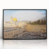 Large abstract wall art depicting Jerusalem skyline in muted earth tones on a framed acrylic.