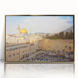 Mid-century modernist large art print of Jerusalem in muted gold and beige tones, framed acrylic.