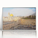Acrylic print of Jerusalem scenery in muted earth tones, framed in white, suitable for modern art wall decor.