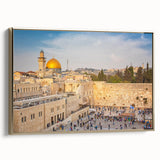 Framed canvas wall art depicting a vintage-style Jerusalem landscape in muted gold and black tones, ideal for bedroom decor.