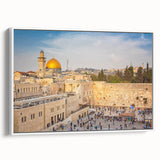 Framed vintage poster art of Jerusalem in colorful tones on white canvas, ideal for living room decor.