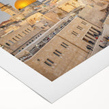 Art deco poster of Jerusalem skyline in muted gold and blue tones on rolled canvas, suitable for dining room decor.