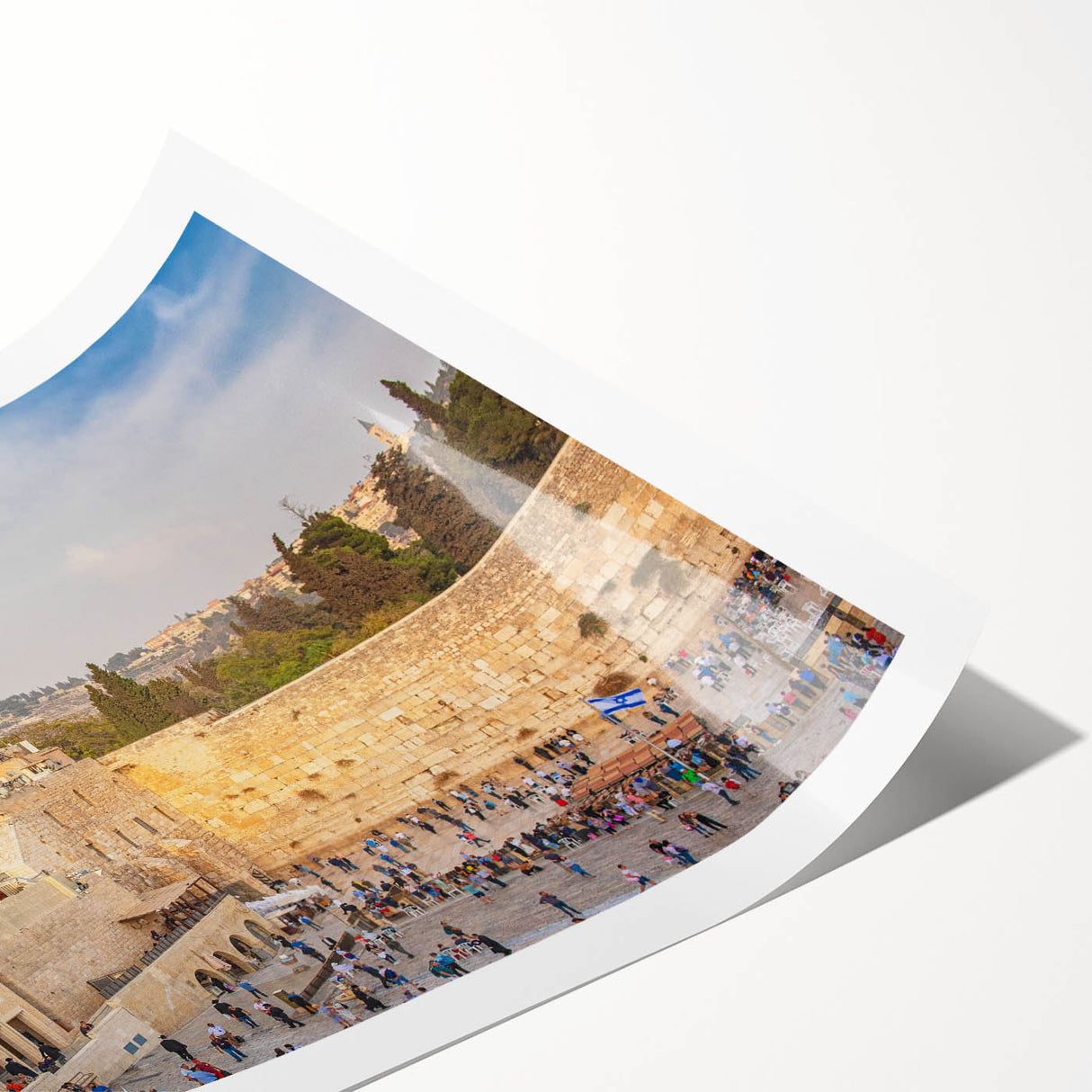 Extra large rolled print featuring line art flowers and Jerusalem scenery in muted earth tones.