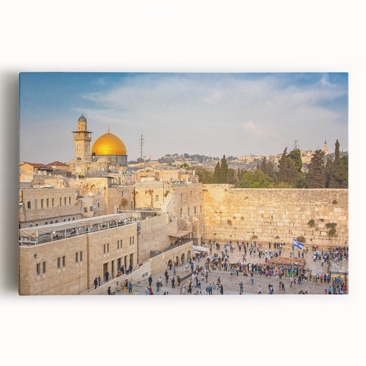 Black and white stretched canvas of Jerusalem skyline, ideal for kitchen wall art.