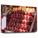 Large abstract wall art of Tel Aviv skyline in muted blue and gray tones on acrylic glass.