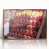 Mid-century modernist art of Tel Aviv skyline in gold and blue tones on framed acrylic, suitable for modern art wall decor.