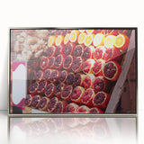 Mid-century modernist art of Tel Aviv skyline in muted pastel shades on a framed acrylic print.