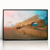 Large abstract wall art depicting a Middle-Eastern scenery in muted earth tones on framed acrylic.