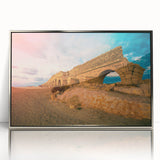 Mid-century modernist art depicting a Middle Eastern Israeli landscape in muted earth tones on a framed acrylic print.