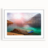 Abstract art print of Oman scenery in muted earth tones on a white matted frame, suitable for dining room decor.