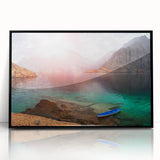 Large abstract wall art depicting a Middle Eastern desert scene in muted earth tones, framed in black acrylic.