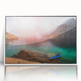 Art deco poster depicting Oman scenery in muted tones on framed acrylic, suitable for modern nursery decor.