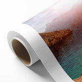 Art deco poster of Middle Eastern scenery in Oman on rolled canvas, featuring earthy tones.