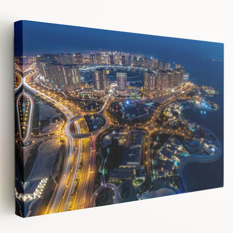 Panoramic view of Doha skyline in muted earth tones on a large stretched canvas, suitable for kitchen wall art.
