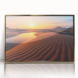 Framed acrylic print of a mid-century modernist Saudi Arabian landscape in muted gold and blue tones.