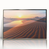 Mid-century modernist art of a Saudi Arabian landscape in muted earth tones on a framed acrylic panel.