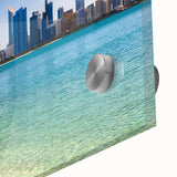 Large abstract wall art of Abu Dhabi skyline in muted earth tones on acrylic glass, ideal for dining room art.