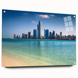Large abstract wall art of Abu Dhabi skyline in muted blue and gray tones on acrylic glass.