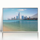 Acrylic print of Abu Dhabi skyline in pastel shades, framed in white, ideal for modern art wall decor.