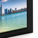 Extra large framed canvas featuring a textured depiction of Abu Dhabi skyline in black with colorful highlights.