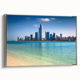 Framed canvas of a vintage-style Abu Dhabi landscape painting, featuring a colorful palette and black border.