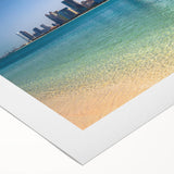Art deco poster featuring the Abu Dhabi skyline in pastel shades on rolled canvas, suitable for dining room decor.