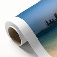 Art Deco poster of Abu Dhabi skyline in pastel shades on rolled canvas, ideal for nursery wall art.