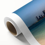 Art Deco poster of Abu Dhabi skyline in pastel shades on rolled canvas, ideal for nursery wall art.