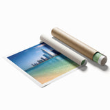 Extra large rolled print of Abu Dhabi skyline with muted gray and blue tones, ideal for classy bathroom wall art.