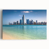 Black and white stretched canvas featuring the Abu Dhabi skyline, ideal for kitchen wall art.
