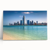 Black and white stretched canvas of Abu Dhabi skyline, ideal for kitchen wall art or bedroom ambiance.