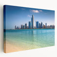 Large stretched canvas depicting the Abu Dhabi skyline in muted blue and gray tones, suitable for kitchen wall art.