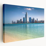Large stretched canvas depicting the Abu Dhabi skyline in muted blue and gray tones, suitable for kitchen wall art.