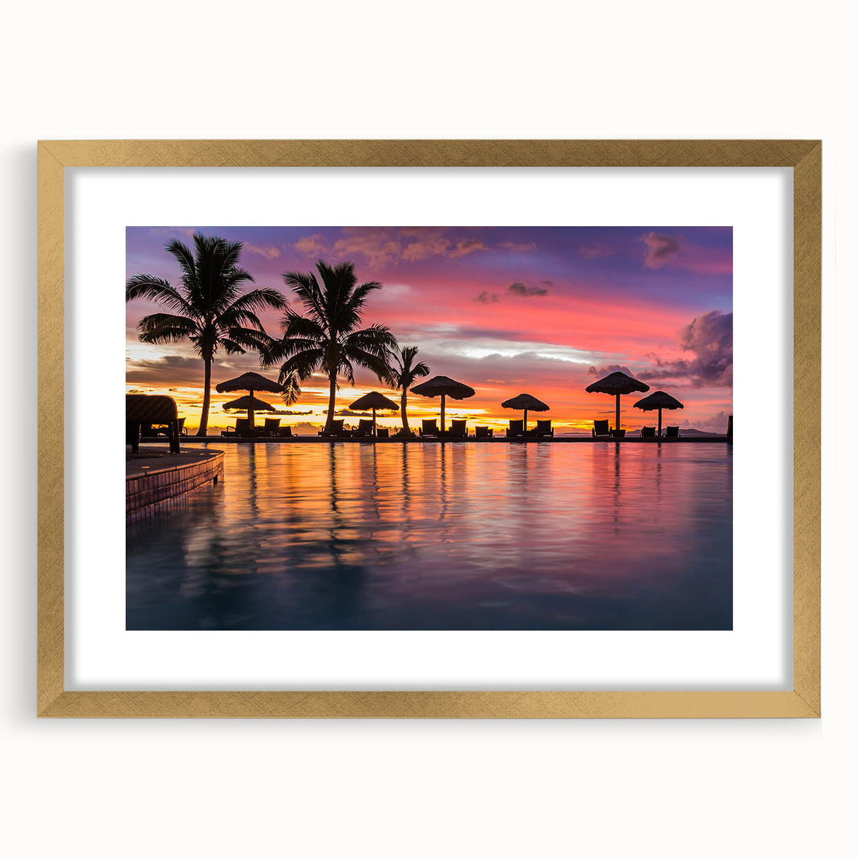 Extra large abstract art print with textured design in gold frame, depicting an oceanic scene in muted blues and greens.