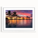 Abstract art print of a serene Fiji landscape in muted blue and green tones on a white-framed canvas.