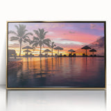 Acrylic print of a Fiji beach scene with vibrant blues and greens, framed in gold, suitable for modern nursery decor.