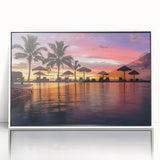 Art deco poster of a serene Fiji beach scene in pastel blues and greens, framed in white acrylic.