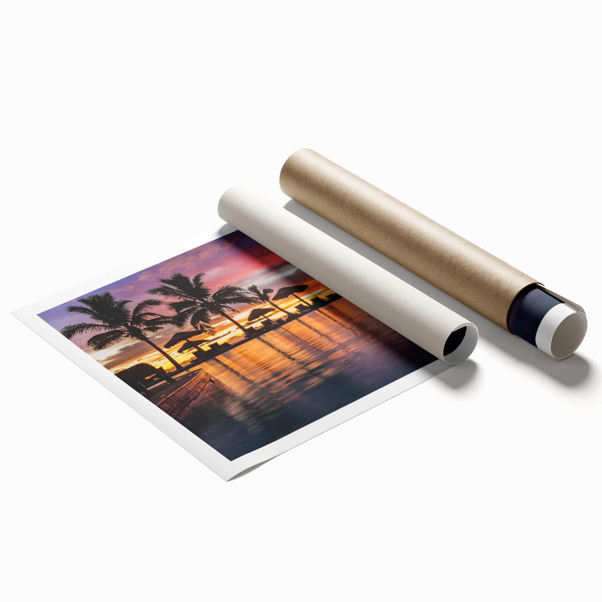 Extra large rolled print of a serene Fiji beach scene with subtle floral elements in pastel colors.