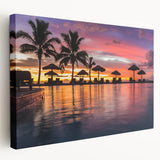 Side view of a stretched canvas featuring a serene Fiji beach scene in soft blue and sandy tones, ideal for kitchen wall art.