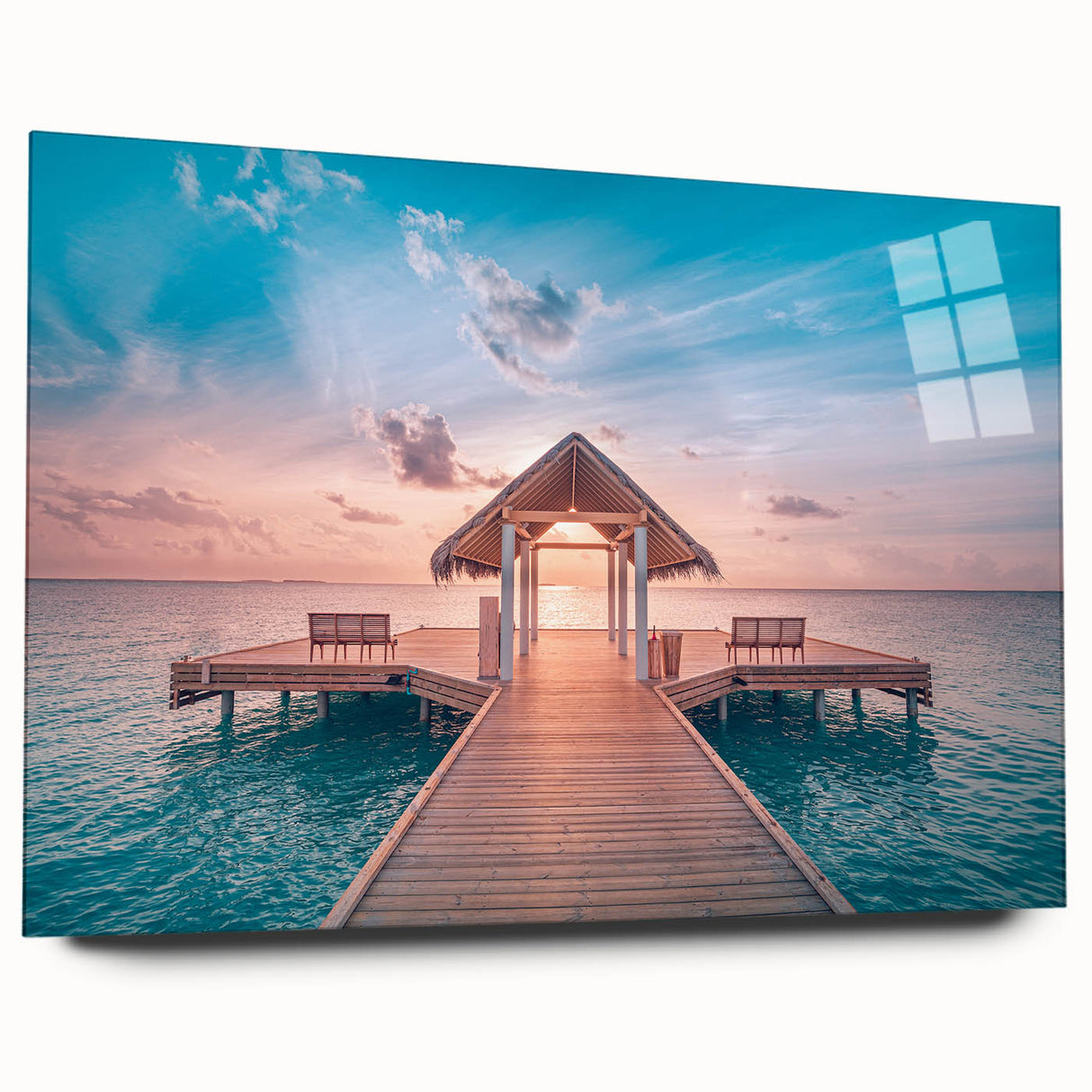 Acrylic print of a large abstract depiction of Bora Bora in blue and turquoise, ideal for bedroom or dining room art.