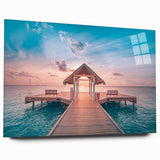 Acrylic print of a large abstract depiction of Bora Bora in blue and turquoise, ideal for bedroom or dining room art.