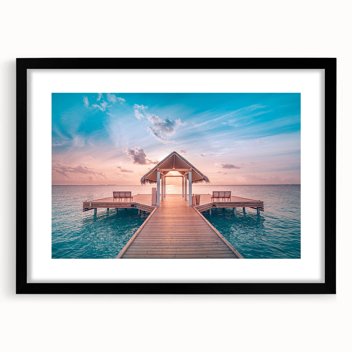 Colorful abstract art print of French Polynesia scenery on textured canvas, framed in black, ideal for living room decor.